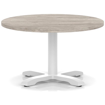 Italia 800mm Round Coffee Table Grey Oak Top 495mm High White Leg Cross Base