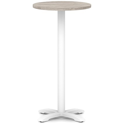 Italia 600mm Poseur Round Table Grey Oak Top 1170mm High White Leg Cross Base