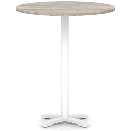 Italia 1000mm Poseur Round Table Grey Oak Top 1170mm High White Leg Cross Base
