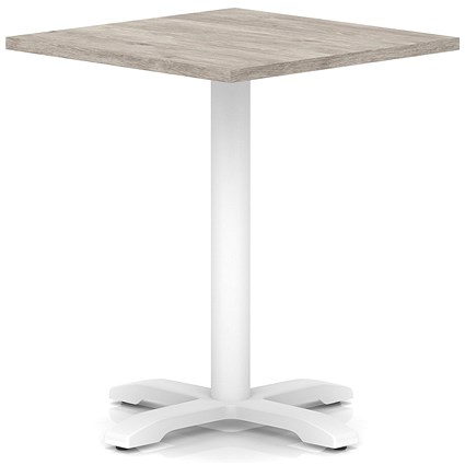 Italia 800mm Poseur Square Table Grey Oak Top 750mm High White Leg Cross Base