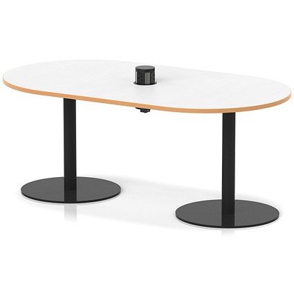 Italia Volta 1800mm Poseur Boardroom Table With Pop-up Power Module White Top Natural Wood Edge 720mm High Black Leg