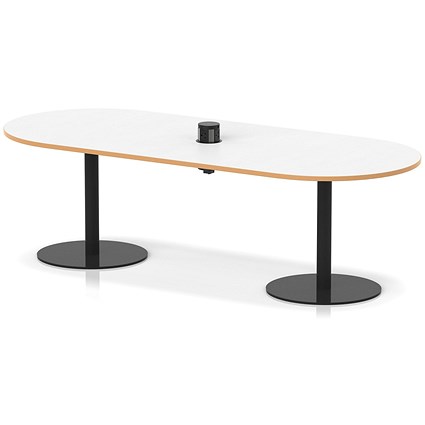 Italia Volta 2400mm Poseur Boardroom Table With Pop-up Power Module White Top Natural Wood Edge 720mm High Black Leg
