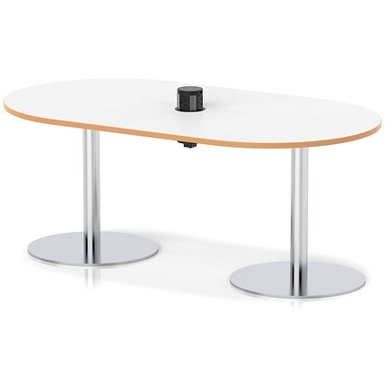 Italia Volta 1800mm Poseur Boardroom Table With Pop-up Power Module White Top Natural Wood Edge 720mm High Silver Leg