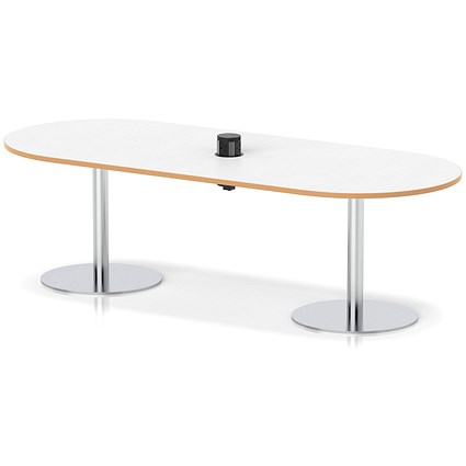 Italia Volta 2400mm Poseur Boardroom Table With Pop-up Power Module White Top Natural Wood Edge 720mm High Silver Leg