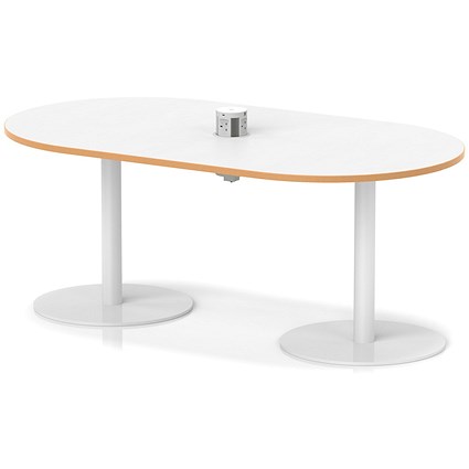 Italia Volta 1800mm Poseur Boardroom Table With Pop-up Power Module White Top Natural Wood Edge 720mm High White Leg