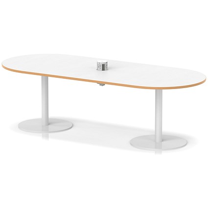Italia Volta 2400mm Poseur Boardroom Table With Pop-up Power Module White Top Natural Wood Edge 720mm High White Leg