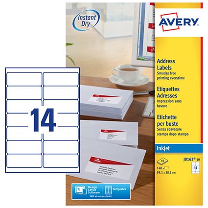 Avery Inkjet Address Labels 99.1 x 38.1 mm White (Pack 140 Labels) - J8163-10