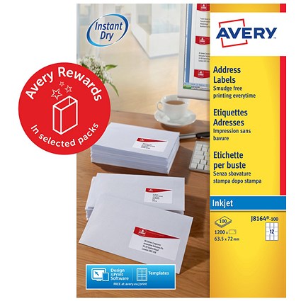 Avery Inkjet Address Label 63.5x72mm 12 Per A4 Sheet White (Pack 1200 Labels) J8164-100