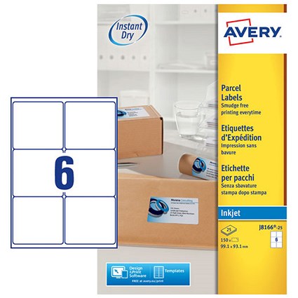 Avery J8166-25 Parcel Labels, 99.1 x 93.1 mm, Permanent, 6 Labels Per Sheet, 150 Labels Per Pack