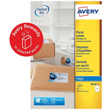 Avery Inkjet Address Label 200x143.5mm 2 Per A4 Sheet White (Pack 50 Labels) J8168-25