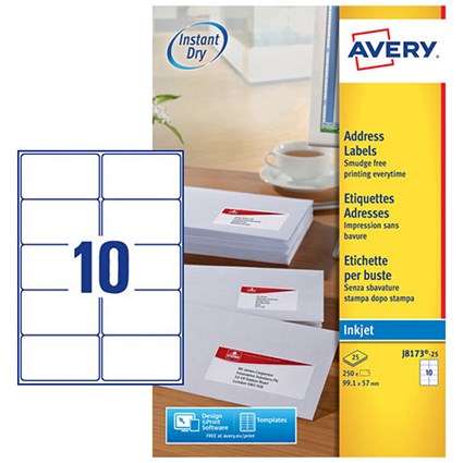 Avery Inkjet Address Label 99x57mm 10 Per A4 Sheet White (Pack 250 Labels) J8173-25