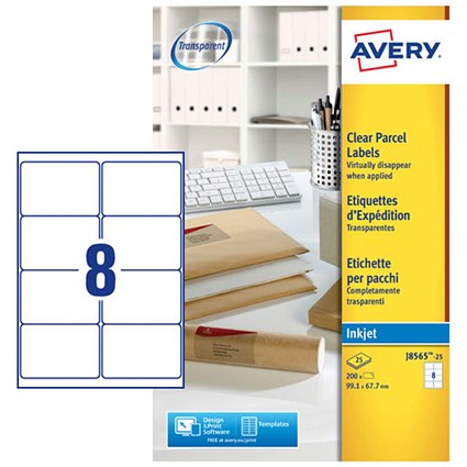 Avery Inkjet Address Label 99.1x67.7mm 8 Per A4 Sheet Clear (Pack 200 Labels) J8565-25