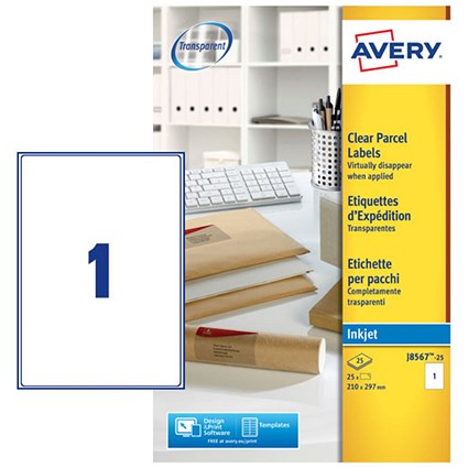 Avery Inkjet Address Label 210x297mm 1 Per A4 Sheet Clear (Pack 25 Labels) J8567-25