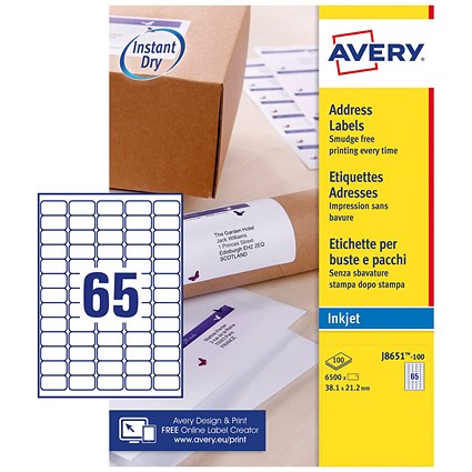 Avery Inkjet Address Label 38x21mm 65 Per A4 Sheet White (Pack 6500 Labels) J8651-100