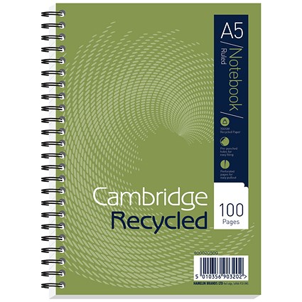 Cambridge Recycled Wirebound Notebook, A5, Ruled, 100 Pages, Pack of 5