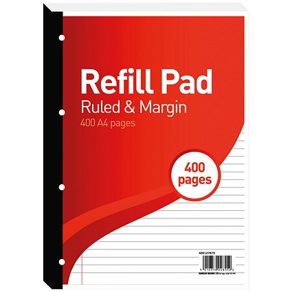 Hamelin 8mm Ruled Refill Pad, A4, Ruled and Margin, 400 Pages, Red, Pack of 5