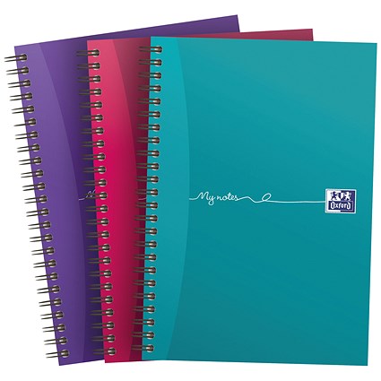 Oxford My Notes Wirebound Notebook, A5, 200 Pages, Ruled with Margin, Plain Assorted Colours, Pack of 3