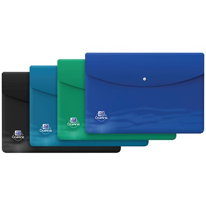 Oxford Oceanis A4+ Press Popper Wallets, Assorted, Pack of 4