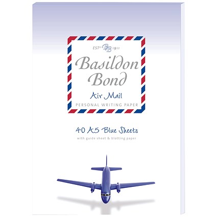 Basildon Bond Airmail Pad, A5, Plain, 40 Sheets, Blue, Pack of 10