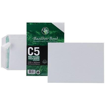 Basildon Bond Recycled C5 Pocket Envelopes, White, Peel and Seal, 120gsm, Pack of 50