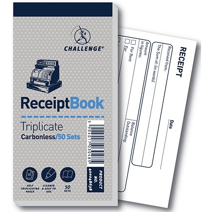 Challenge Carbonless Triplicate Receipt Book, 50 Sets, 70x140mm, Pack of 10