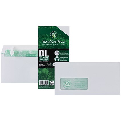 Basildon Bond Recycled DL Envelopes, Window, White, Peel and Seal, 120gsm, Pack of 100 Basildon Bond Recycled DL Envelopes, Window, White, Peel and Seal, 120gsm, Pack of 100