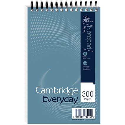 Cambridge Everyday Wirebound Notebook, 200x125mm, Ruled, 300 Pages, Blue, Pack of 5 Cambridge Everyday Wirebound Notebook, 200x125mm, Ruled, 300 Pages, Blue, Pack of 5