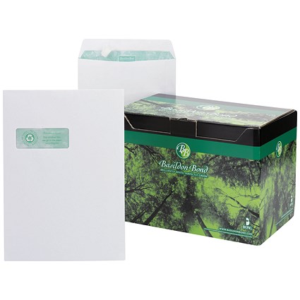 Basildon Bond Recycled C4 Pocket Envelopes, Window, White, Peel and Seal, 120gsm, Pack of 250