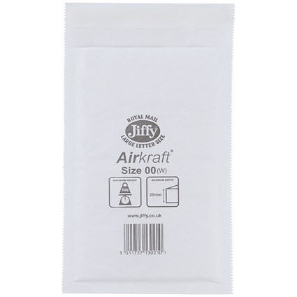 Jiffy Airkraft No.00 Bubble Lined Postal Bags, 115x195mm, Peel & Seal, White, Pack of 100