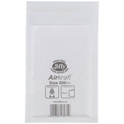 Jiffy Airkraft No.000 Bubble Lined Postal Bags, 90x145mm, Peel & Seal, White, Pack of 150