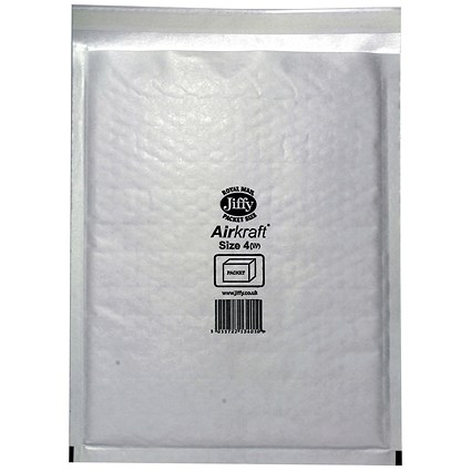 Jiffy Airkraft No.4 Bubble-lined Postal Bags, 240x320mm, Peel & Seal, White, Pack of 50