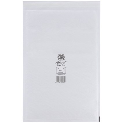 Jiffy Airkraft No.6 Bubble Lined Postal Bags, 290x445mm, Peel & Seal, White, Pack of 50