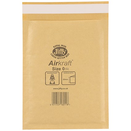 Jiffy Airkraft No.0 Bubble Bag Envelopes, 140x195mm, Gold, Pack of 100
