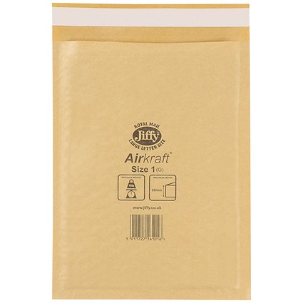 Jiffy Airkraft No.1 Bubble Bag Envelopes, 170x245mm, Gold, Pack of 100 Jiffy Airkraft No.1 Bubble Bag Envelopes, 170x245mm, Gold, Pack of 100