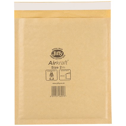 Jiffy Airkraft No.2 Bubble Bag Envelopes, 205x245mm, Gold, Pack of 100