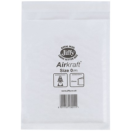 Jiffy Airkraft Postal Bag, Size 0 140x195mm, White, Pack of 10