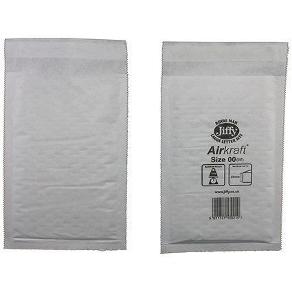 Jiffy Airkraft No.00 Bubble Lined Postal Bags, 115x195mm Peel & Seal, White, Pack of 200