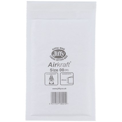 Jiffy Airkraft No.00 Bubble Lined Postal Bags, 115x195mm Peel & Seal, White, Pack of 200 Jiffy Airkraft No.00 Bubble Lined Postal Bags, 115x195mm Peel & Seal, White, Pack of 200