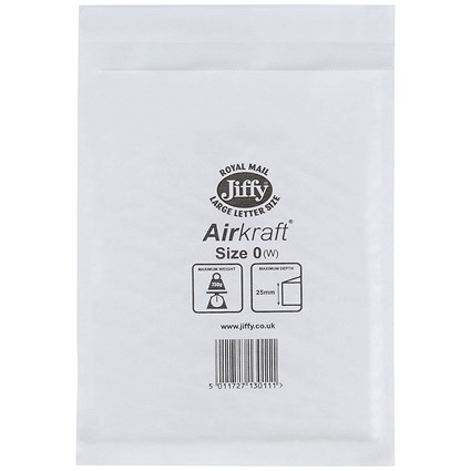 Jiffy Airkraft No.0 Bubble Lined Postal Bags, 140x195mm Peel & Seal, White, Pack of 100