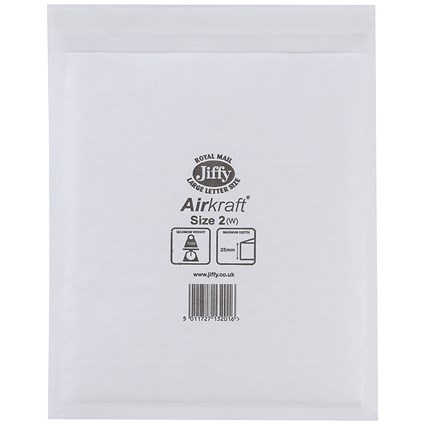Jiffy Airkraft No.2 Bubble Lined Postal Bags, 205x245mm Peel & Seal, White, Pack of 100 Jiffy Airkraft No.2 Bubble Lined Postal Bags, 205x245mm Peel & Seal, White, Pack of 100
