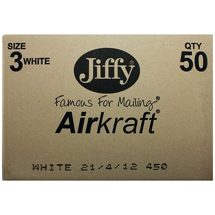 Jiffy Airkraft No.3 Bubble Lined Postal Bags, 220x320mm Peel & Seal, White, Pack of 100