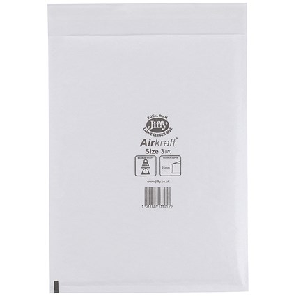 Jiffy Airkraft No.3 Bubble Lined Postal Bags, 220x320mm Peel & Seal, White, Pack of 100 Jiffy Airkraft No.3 Bubble Lined Postal Bags, 220x320mm Peel & Seal, White, Pack of 100