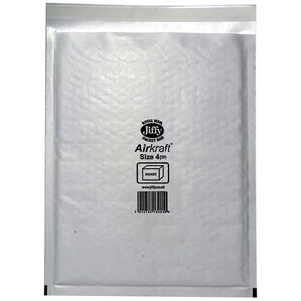 Jiffy Airkraft No.4 Bubble Lined Postal Bags, 240x320mm Peel & Seal, White, Pack of 100