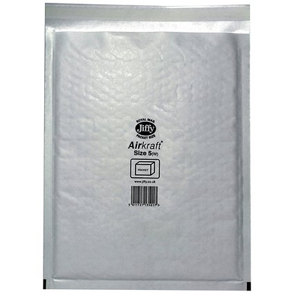 Jiffy Airkraft No.5 Bubble Lined Postal Bags, 260x345mm Peel & Seal, White, Pack of 100