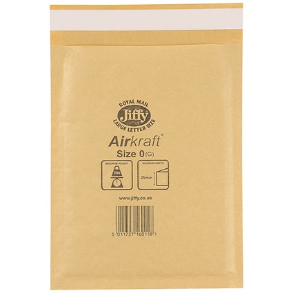 Jiffy Airkraft No.0 Bubble Lined Postal Bags, 140x195mm Peel & Seal, Gold, Pack of 100 Jiffy Airkraft No.0 Bubble Lined Postal Bags, 140x195mm Peel & Seal, Gold, Pack of 100