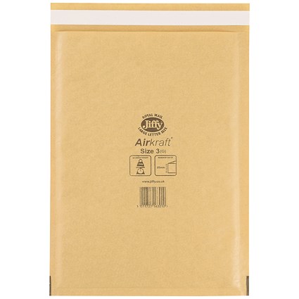 Jiffy Airkraft No.3 Bubble Lined Postal Bags, 220x320mm Peel & Seal, Gold, Pack of 100