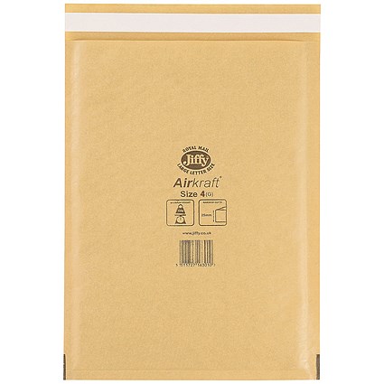 Jiffy Airkraft No.4 Bubble Lined Postal Bags, 240x320mm Peel & Seal, Gold, Pack of 100 Jiffy Airkraft No.4 Bubble Lined Postal Bags, 240x320mm Peel & Seal, Gold, Pack of 100