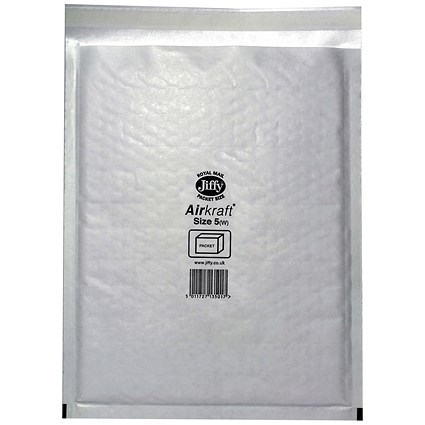 Jiffy Airkraft No.5 Bubble Lined Postal Bags, 260x345mm Peel & Seal, Multi White, Pack of 10