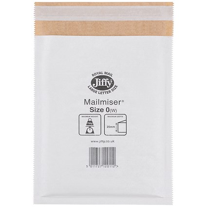 Jiffy Mailmiser No.0 Bubble Lined Protective Envelopes, 140x195mm, White, Pack of 100