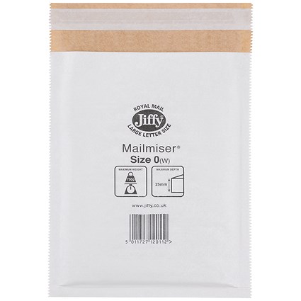 Jiffy Mailmiser No.0 Bubble Lined Protective Envelopes, 140x195mm, White, Pack of 100 Jiffy Mailmiser No.0 Bubble Lined Protective Envelopes, 140x195mm, White, Pack of 100